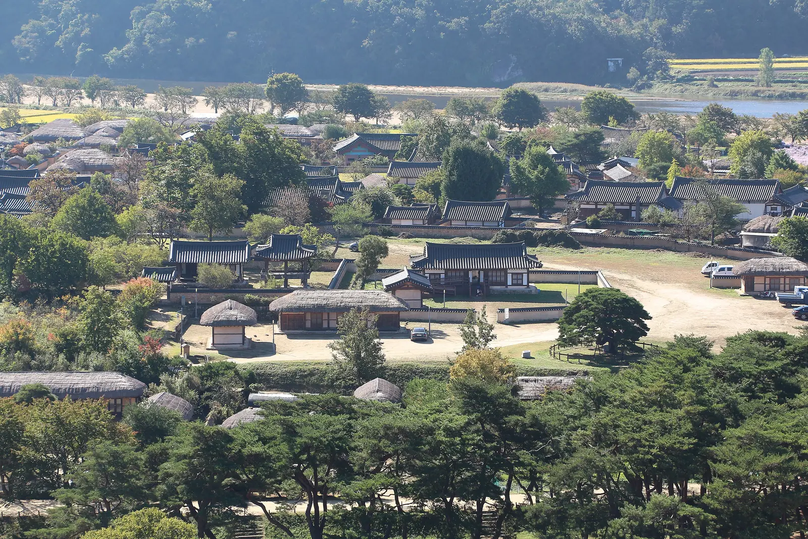 Tiled and thatched roofs of Hahoe Village seen from above, Andong