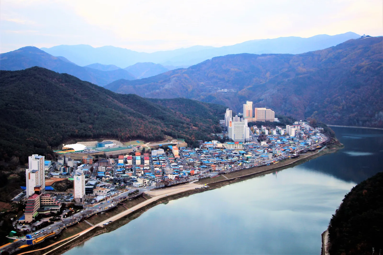 Danyang-eup on its bend of the river, seen from Mancheonha Skywalk