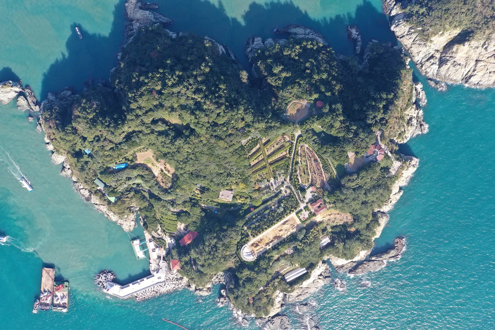 Oedo island and its botanical garden seen from the air, off Geoje