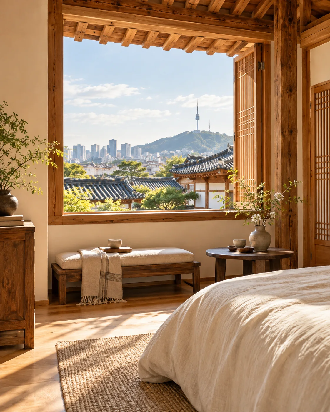 AI-generated concept of a bright, imagined hanok room in morning light; not a real accommodation listing